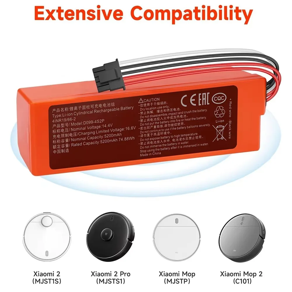 14.4V 6400mAh Replacement D099-4S2P Liion Battery Compatible for Xiaomi Mi Robot Vacuum-Mop 2 Pro Vacuum-Mop 2 MJSTS1/C101/MJSTP