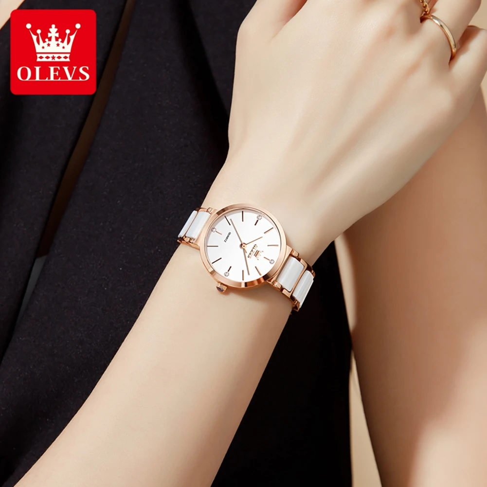 OLEVS Japan Quartz Movement Women's Watches Elegant Luxury Simple Rose Gold Ceramics Strap Waterproof Ladies Dresses Watch 5877