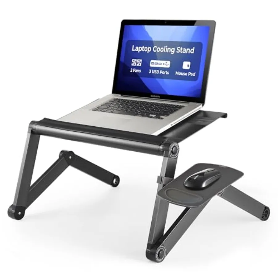 WorkEZ Cooling Adjustable Laptop Stand for Desk w/Fan USB Ports Mouse Pad Ergonomic Foldable Laptop Stand Riser Portable Comput
