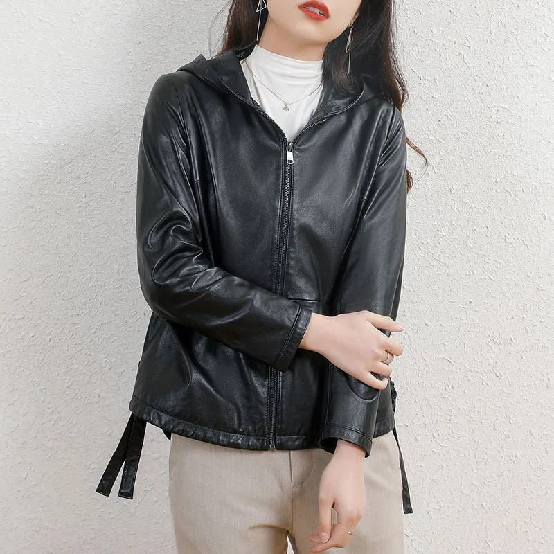 New genuine leather jacket, versatile women's hood, new sheep leather jacket, black young short jacket