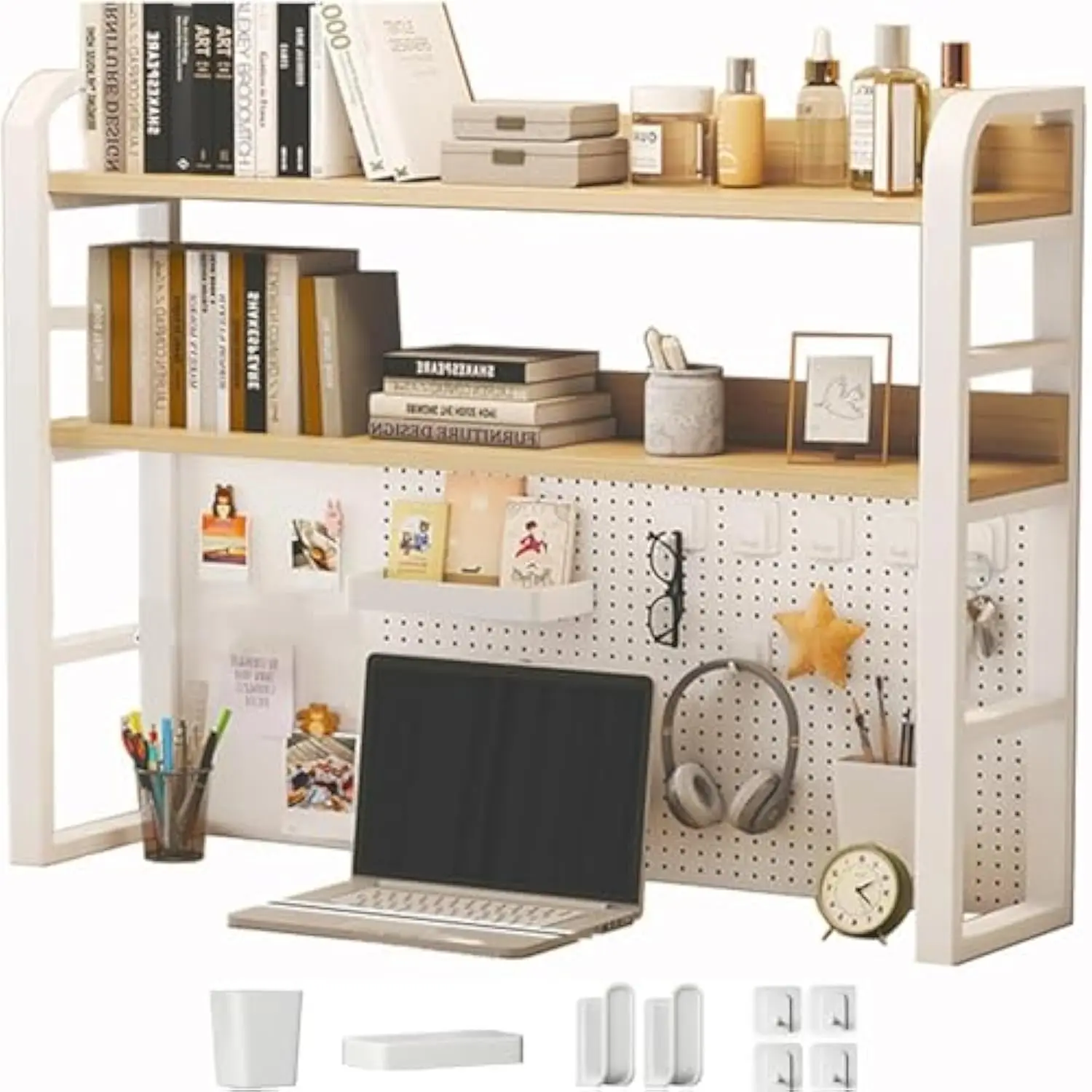 

Computer Desktop Bookshelf, 2-Tier Countertop Hutch Bookcase Organizer with 8 Storage Kits, Multipurpose Metal Desk Hutch Displ