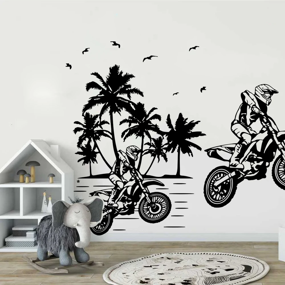 Large Dirt Bike Palm Tree Wall Sticker Motorcross Motrcycle Jump Stunt Cross Wall Decal Bedroom Living Room Vinyl Home Decor