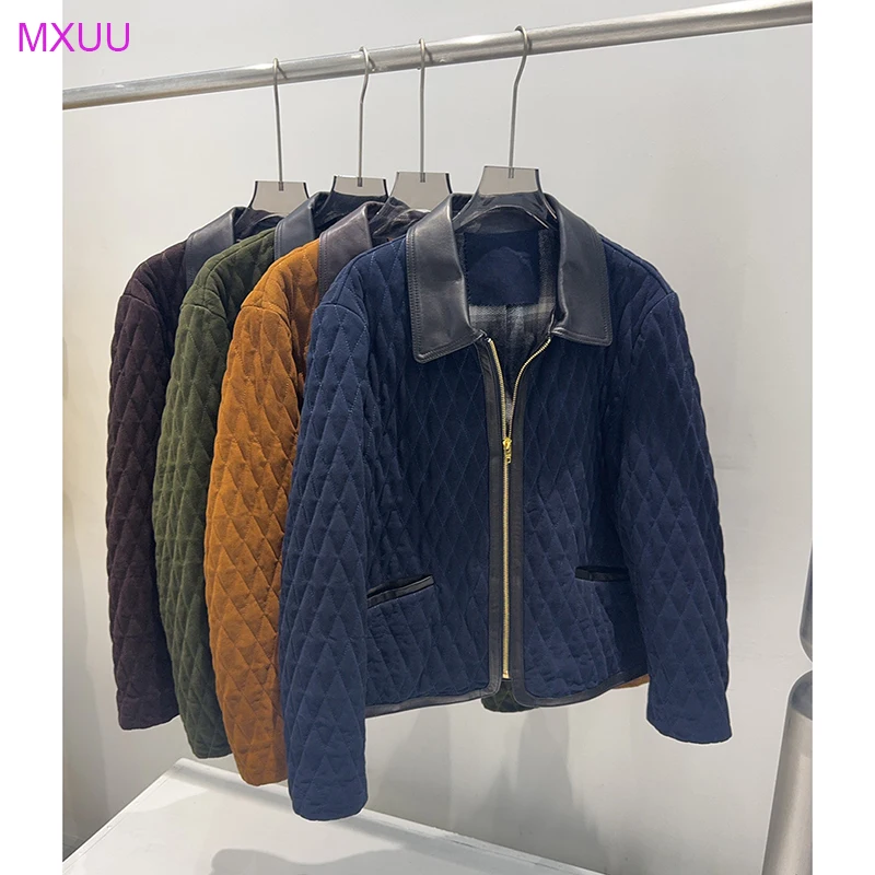 Women's Natural Sheepskin Coat Vintage Kid Suede Stitching Leather Lapel Zipper Rhombic Lattice Cotton-Padded Quilted Jacket