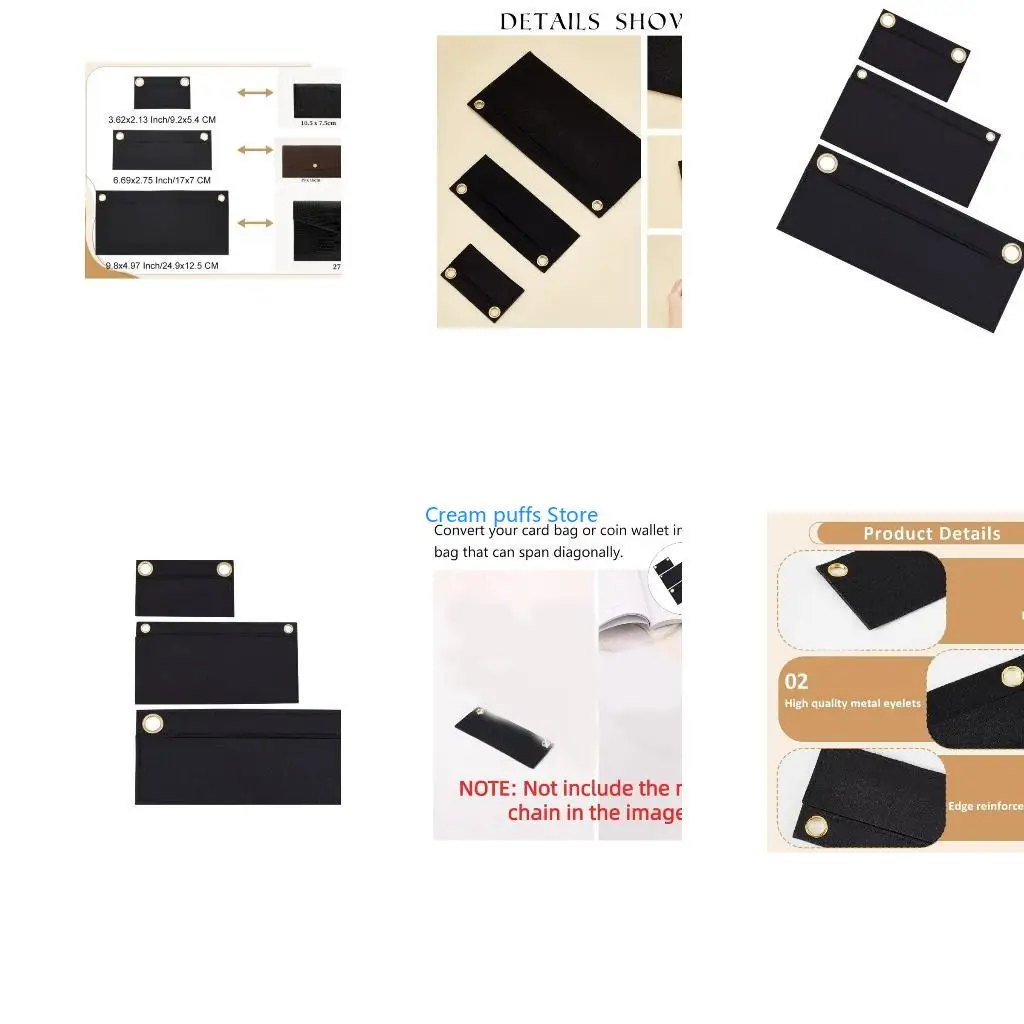 50LE 3 Sizes Felt Purse Insert for Pochette Wallet,Envelope Bag Insert with Eyelet Inner Pocket NO Chain