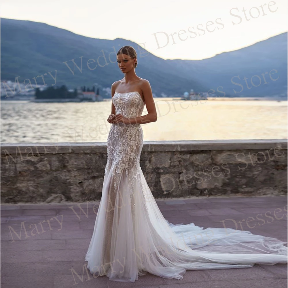 

2024 Modern Sexy Mermaid New Women's Wedding Dresses Appliques Lace Up Bride Gowns Elegant Strapless Backless Vestidos De Novia