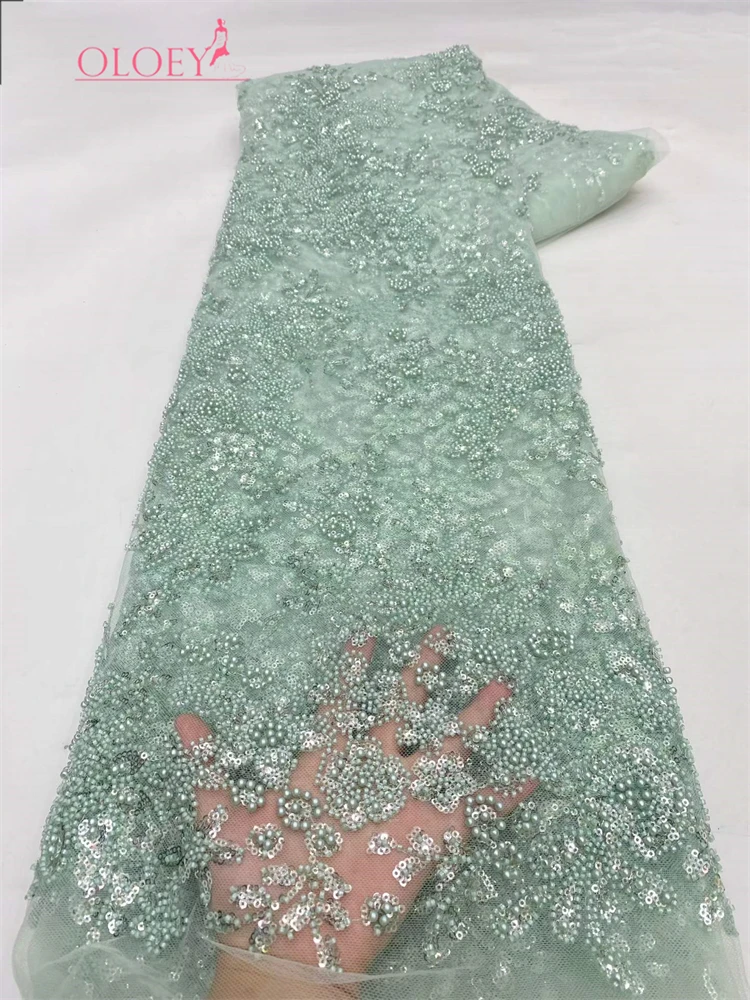 

OLOEY Latest African Sequins Lace Fabric 2026 High Quality Lace Embroidery Beaded Mesh Fabric 5 Yards For Women Wedding Party