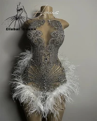 Luxury Silver Diamonds Short Prom Dresses Black Girls Sparkly Beads Rhinestone Crystal Feathers Birthday Cocktail Customized