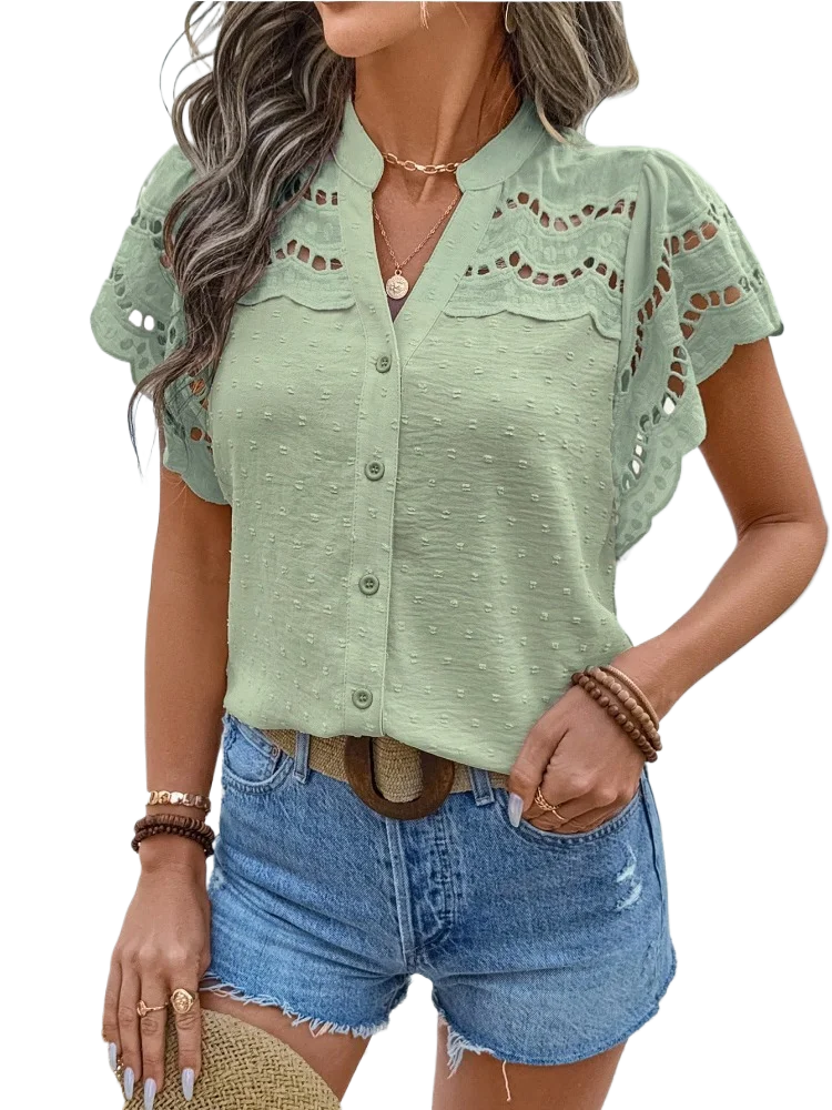 

Women's Fashion Lace Hollow Button Cardigan Short-sleeved Shirt Tops Spring Summer Bloues Office Lady Solid V-neck Shirts Top