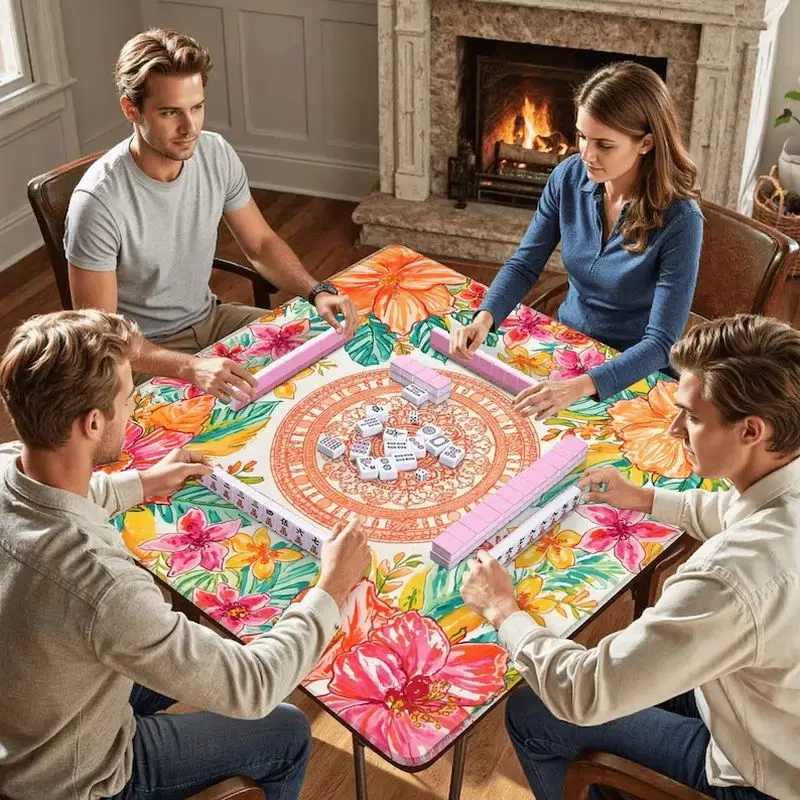VIKAMA Tropical Flower Mahjong Table Mat Non‑Slip Rubber Waterproof Foldable Silent Travel Party Home Game Pad