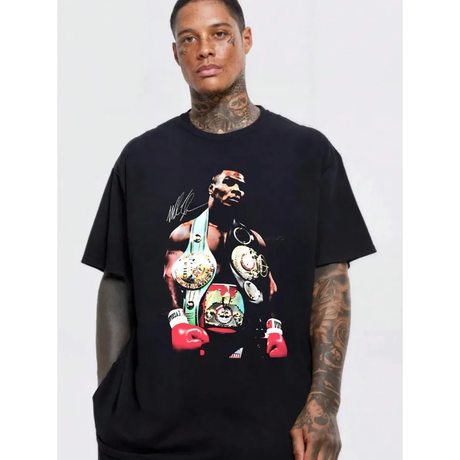 

【New Arrival】Mike Tyson Champion Belts Graphic T-Shirt, Black Cotton Crew Neck, Boxing Legend with Signature Retro Tee
