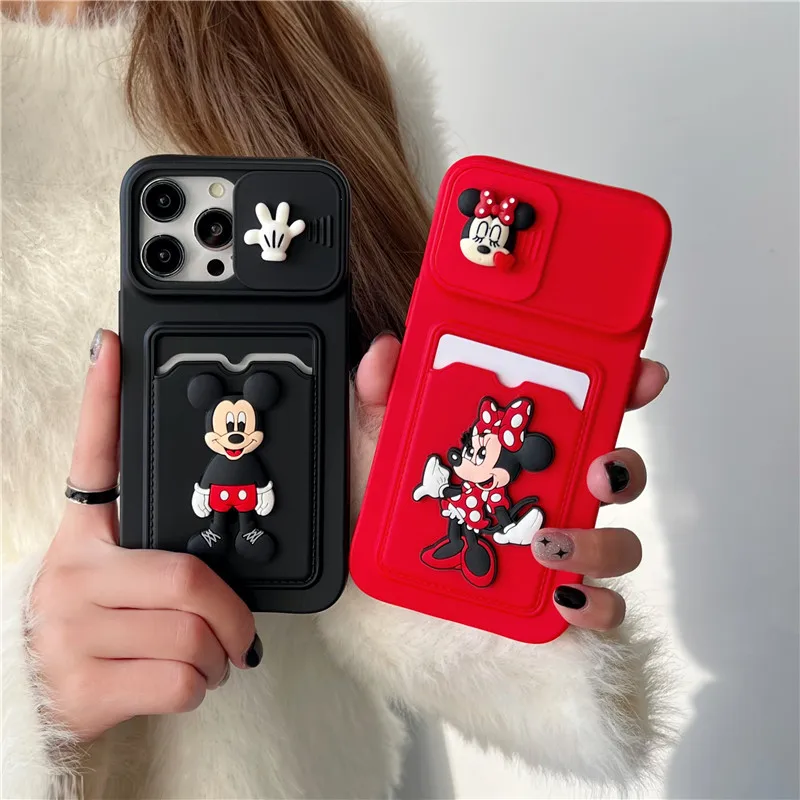 Cartoon Mickey Minnie Card Package case for iphone 13 12 14 15 Pro Max 11 Lens protect Winnie The Pooh Card Wallet cover