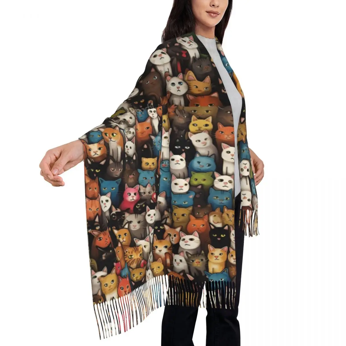سيدة وشاح الدفء الكرتون القط رئيس الأوشحة مع شرابة شالات العلامة التجارية الفاخرة والتفاف الخريف مخصص DIY Bufanda بها بنفسك Bufanda