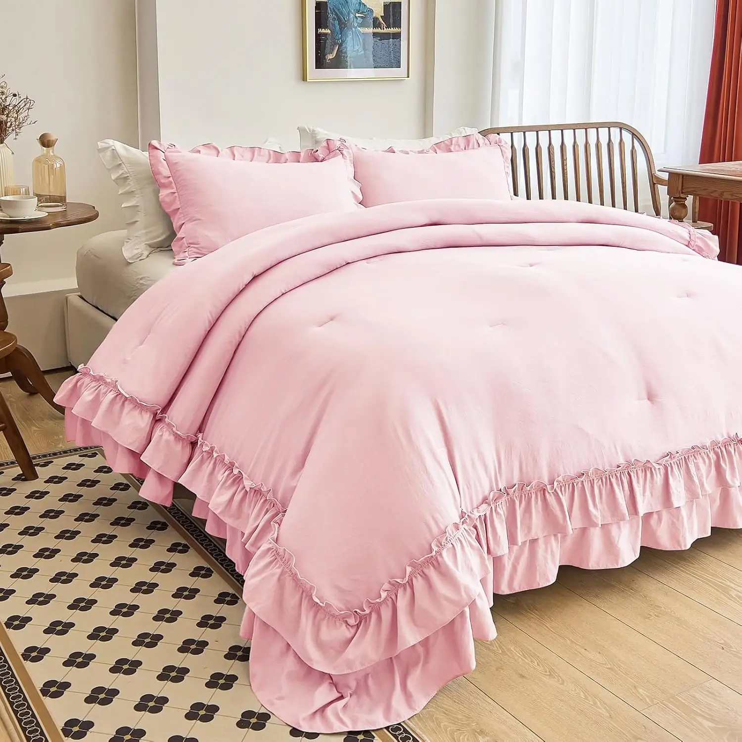 

Peach Pink Ruffle Comforter Twin, 3 Pieces Vintage Ruffle Fringe Comforter, Farmhouse Rustic Microfiber Down Alternative