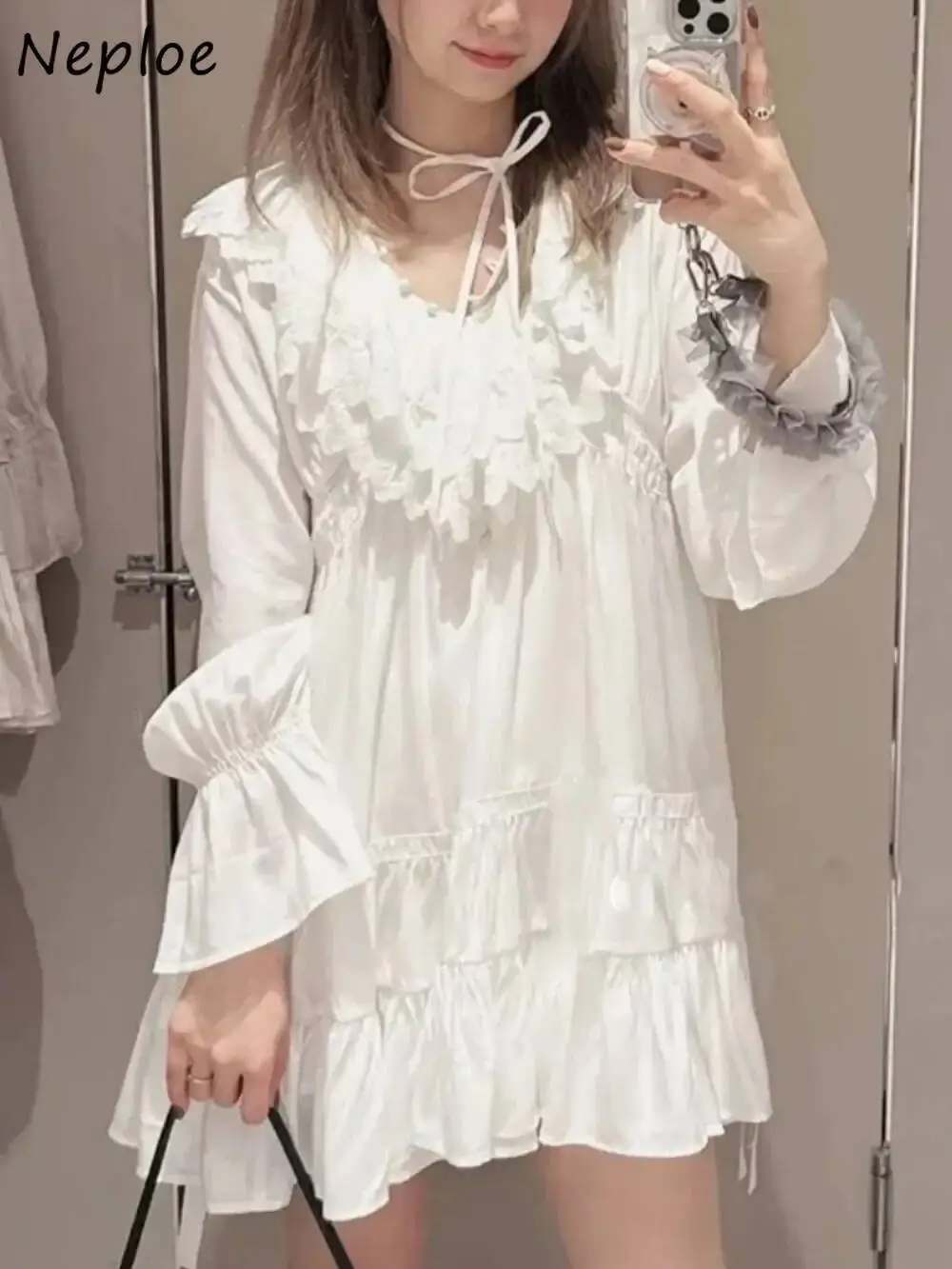 

Gentle Peter Pan Collar Flare Sleeve Ruffles Robe Heavy High Waist Pullover Loose Mujer Japan Embroidery Lace Up Dress