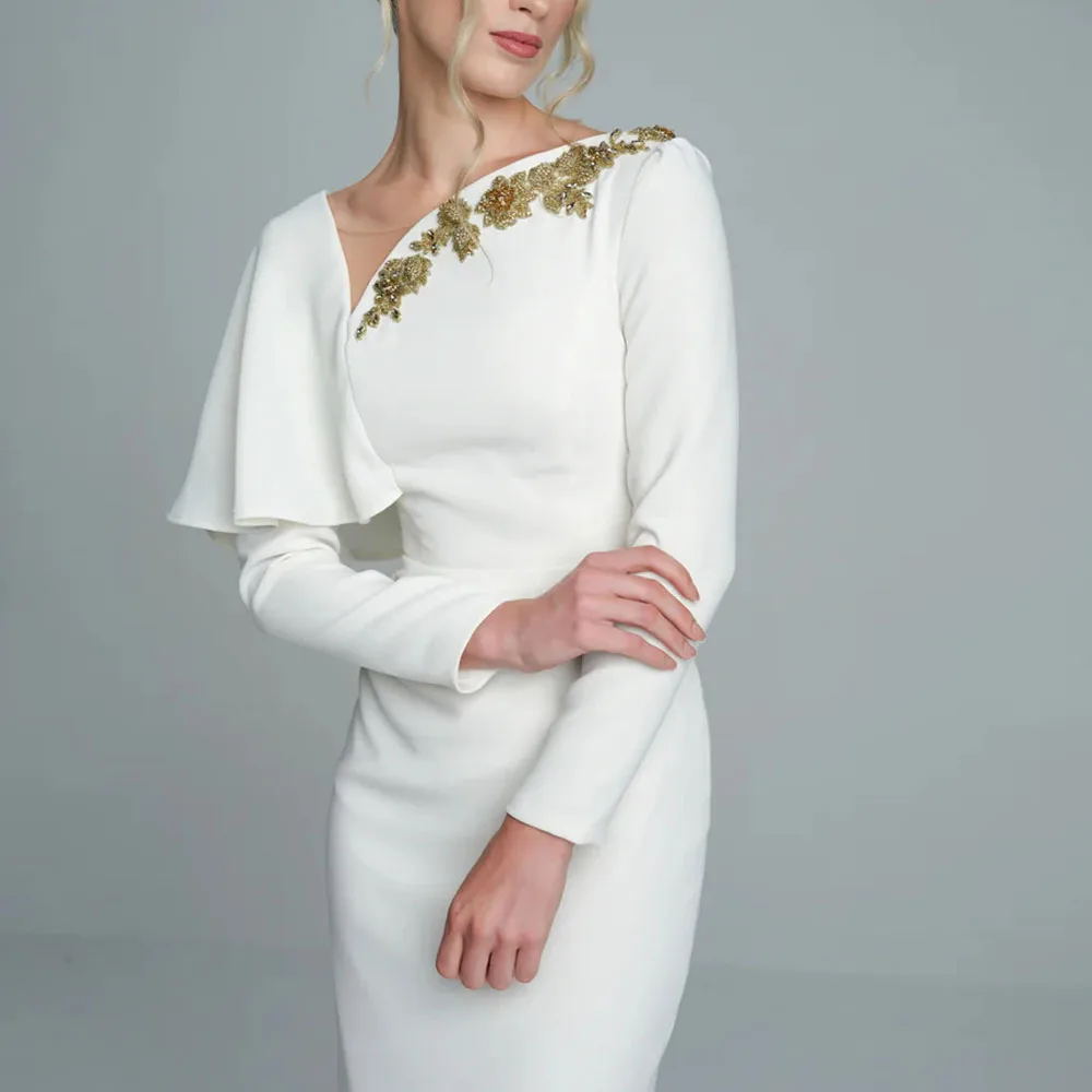 Personalizado assimétrico decote chá comprimento vestidos de baile manga cheia formal vestido de festa à noite ouro frisado vestido de convidado de casamento