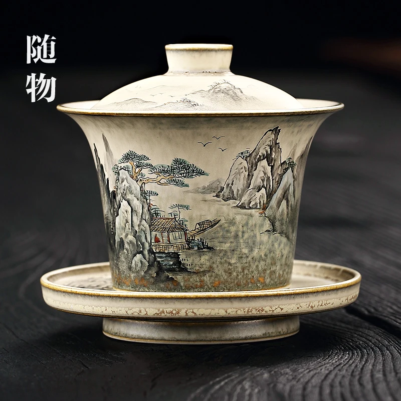 

Chaishao Kiln Pure Handmade Landscape Cover Jingdezhen Kung Fu Sancai Bowl Single Ceramic Set Tea Cup