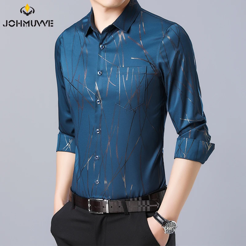 New Men's Casual Printed Long Sleeved Lapel Shirt for Spring and Autumn Fashion Comfortable Wrinkle Free Top Without Ironing