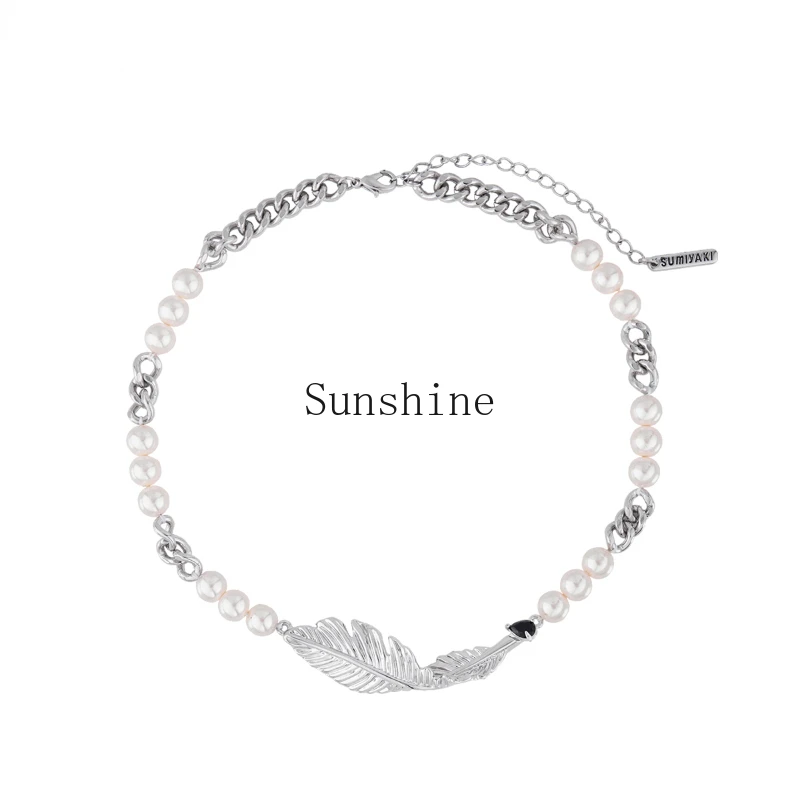 Feather Collection, Double Metal Pearl Necklace Clavicle Chain