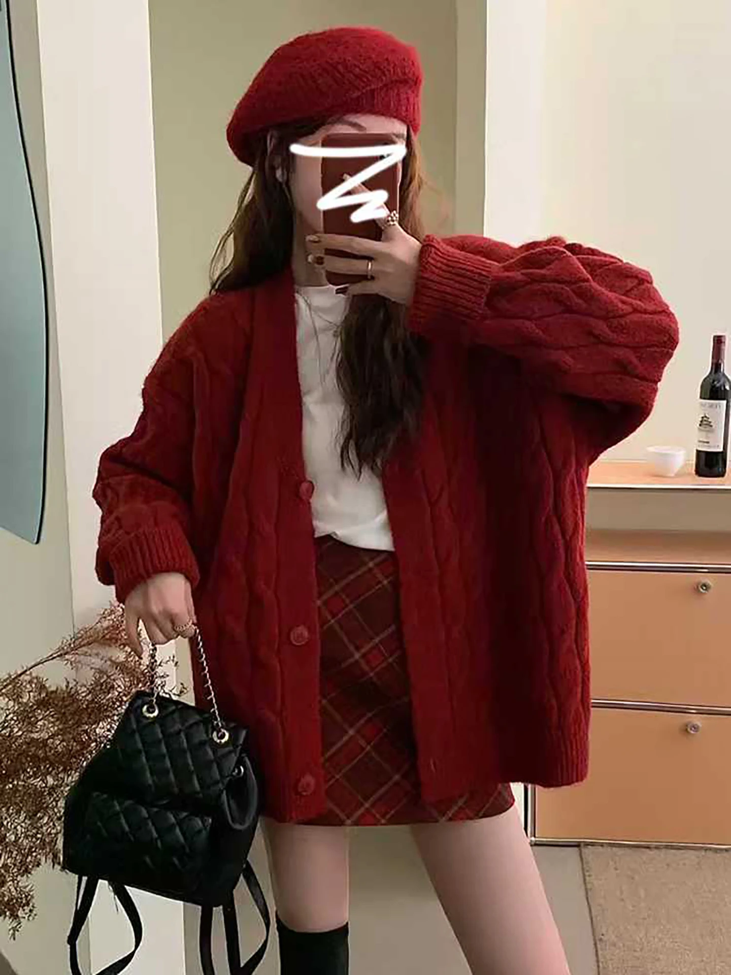 レディース Cisas レッド ニット オープン カーディガン セーター ルーズ アウター トップス ティーピース セット 秋冬新作 スレ レイジー ファイオン