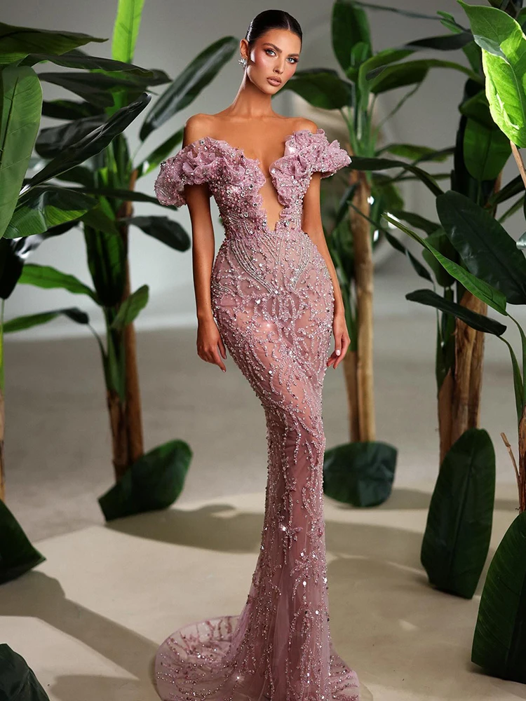 VC Sparkly Mermaid Evening Dresses Sleeveless Off the Shoulder Deep V Plunge Sequins Zipper Beaded 3D Lace Appliques Prom Dress