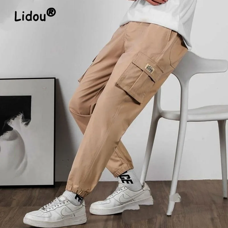 Loose Men's Fashion Stickers Cargo Pants High-quality Large Pocket Street Casual Handsome All-match Solid Color Male Trousers