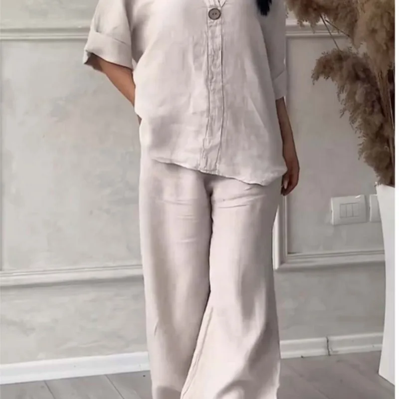 

Повседневный хлопково-льняной топ с круглым вырезом на одной пуговице, декоративный топ с короткими рукавами + широкие брюки с карманами, весенне-летний женский модный комплект