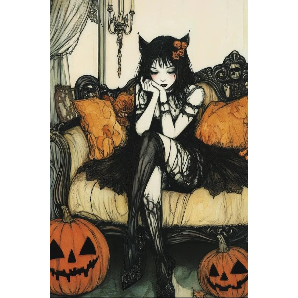 

500/1000/1200/2000 PCS Jigsaw Puzzles Gothic Girl and Pumpkin Family Activity Game DIY Puzzle for Living Room Home Decor Gift