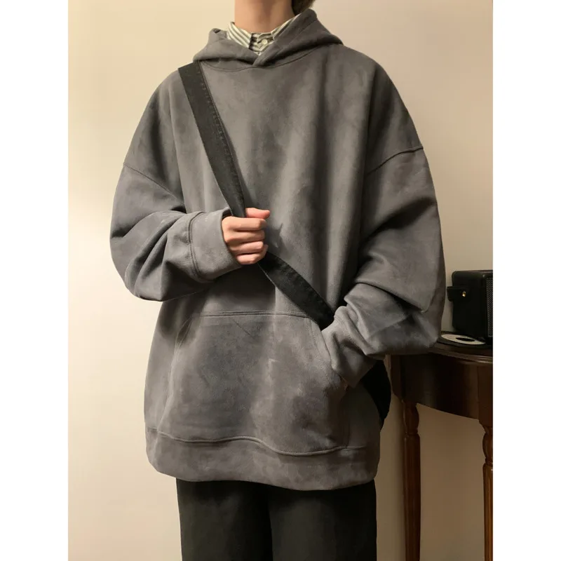 

Autumn Suede Hoodies Men Fashion Retro Hooded Sweatshirt Men Streetwear Hip-hop Loose Pullover Hoodies Mens Pocket Hoody
