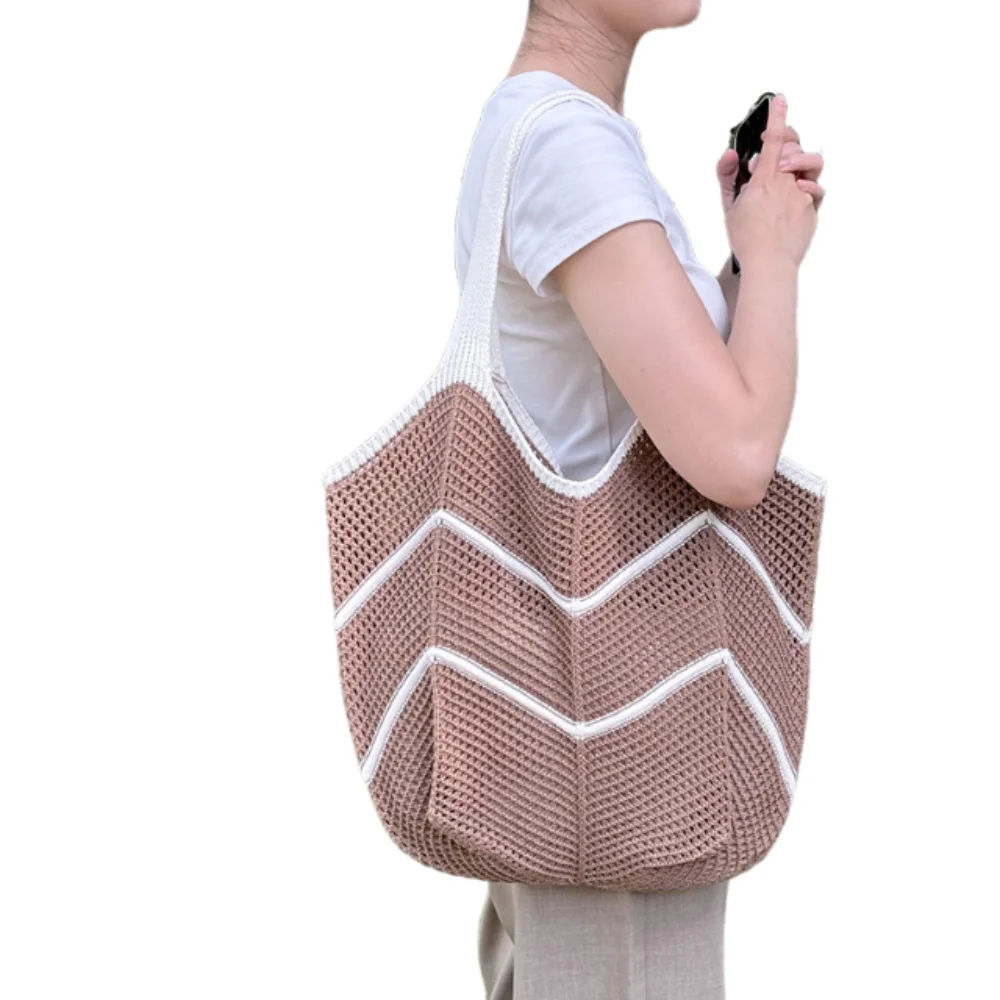 

Trendy Bohemian Knitted Shoulder Bag Sweet Hollowed Out Crochet Tote Bag Spacious Soft Sundries Storage Bag Girls