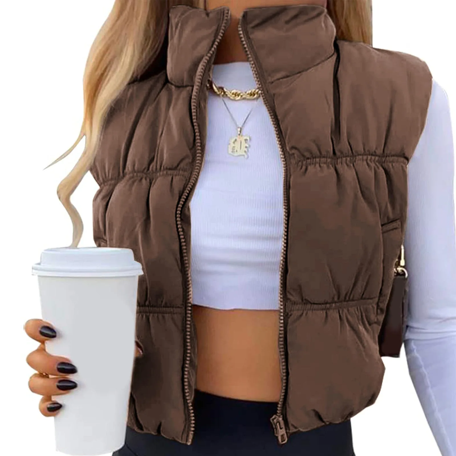 

Winter New Women Quilted Waistcoat Solid Color Lightweight Zip Stand Collar Female Vest Sleeveless Jacket