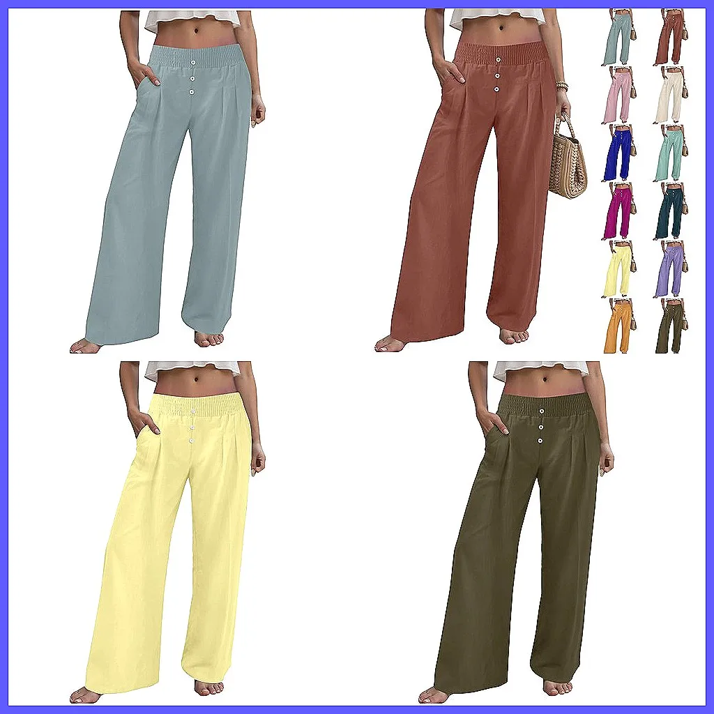

Women's High Waist Elastic Waist Casual Pants, Solid Color Beach Holiday Trousers, Fashion Long Pants