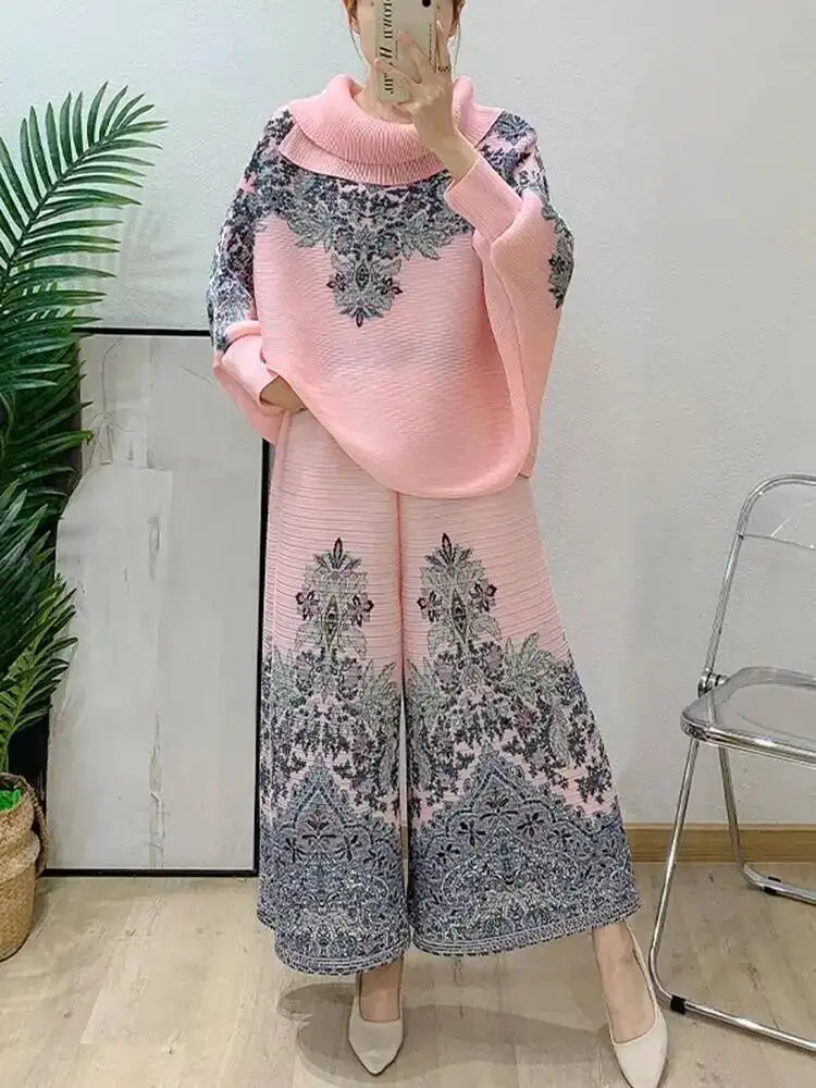 

Pleated Irregular Lapel Pants Sets For Women Loose Casual Bawting Tops And Wide Leg Trousers Chic Two Pieces Set 2NQ2X