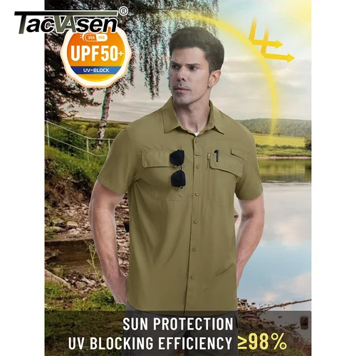 Imagen 2 del producto TACVASEN-camisas de manga corta de secado rápido para hombre, camisas de carga de trabajo con protección solar UPF 50 +, malla transpirable para senderismo y Pesca