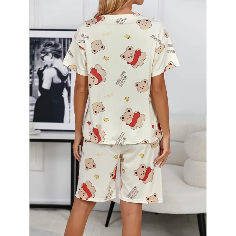 Pyjama à manches courtes pour femmes, Short, costume ours de dessin animé mignon, pull à col rond, vêtements de nuit, Style européen et américain