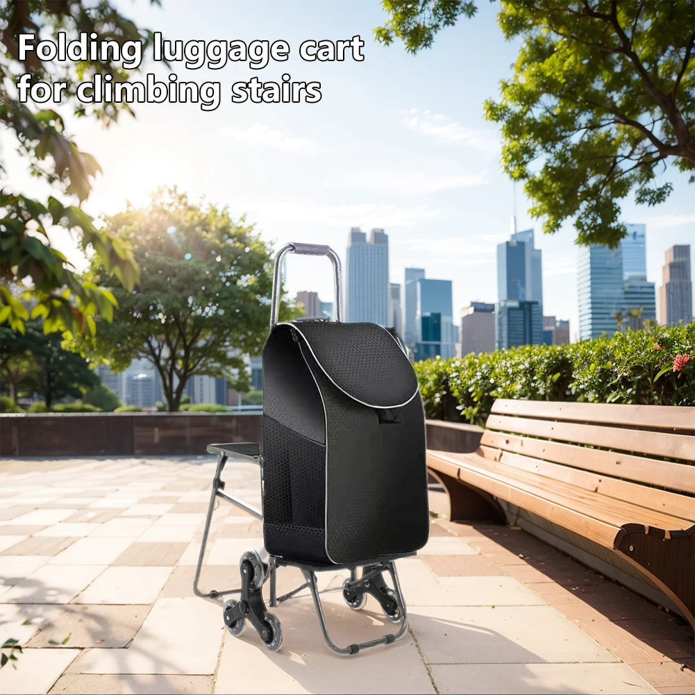 

Portable Shopping Cart with Waterproof Bag & Seat Folding Grocery Shopping Trolley Folding Shopping Bag Cart for Upstairs Cargo