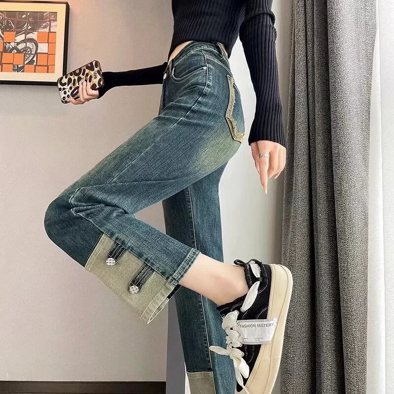 

Новые осенние свободные джинсы, женские джинсовые шаровары в стиле ретро, женские узкие прямые брюки с высокой талией, женские брюки