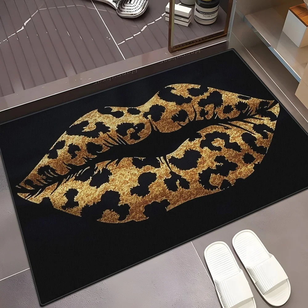 Glam Gold Glitter Cheetah Lip Print Bath Mat  Trendy Sexy Leopard Mouth Design Anti Slip Washable Indoor Bedroom Decor Doormat