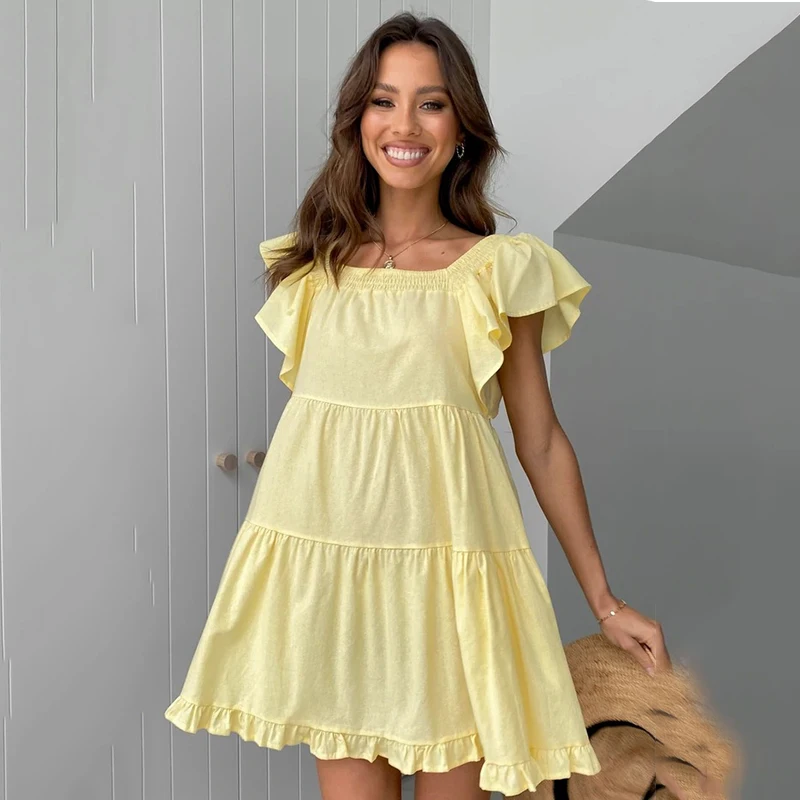 

Ardm Casual Square Collar Ruffle Loose A-Line Mini Dresses For Women 2022 Sweet Short Sleeve Beach Summer Dress Vestidos