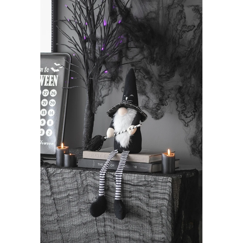 Set of 2 Halloween Fabric Sitting Black Gnome with Broomstick & Long Legs, 4.3×4×26.8 Inch Spooky Gnome Ornament for Halloween Home Party Decor