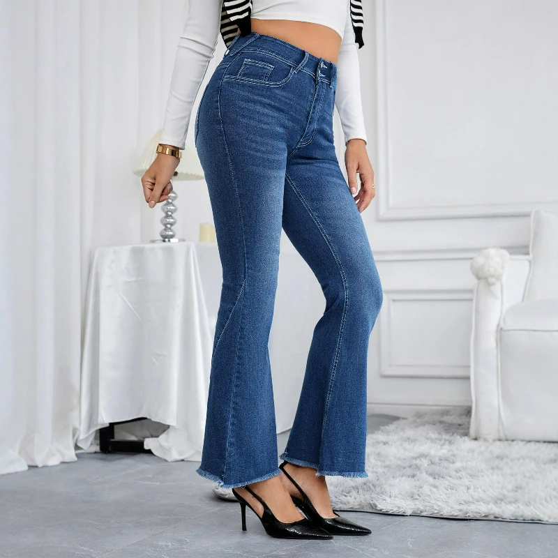 

Брюки-клеш, женские джинсы, уличная одежда, джинсовые брюки с высокой талией и карманами, потертые однотонные брюки, офисные женские узкие осенние брюки