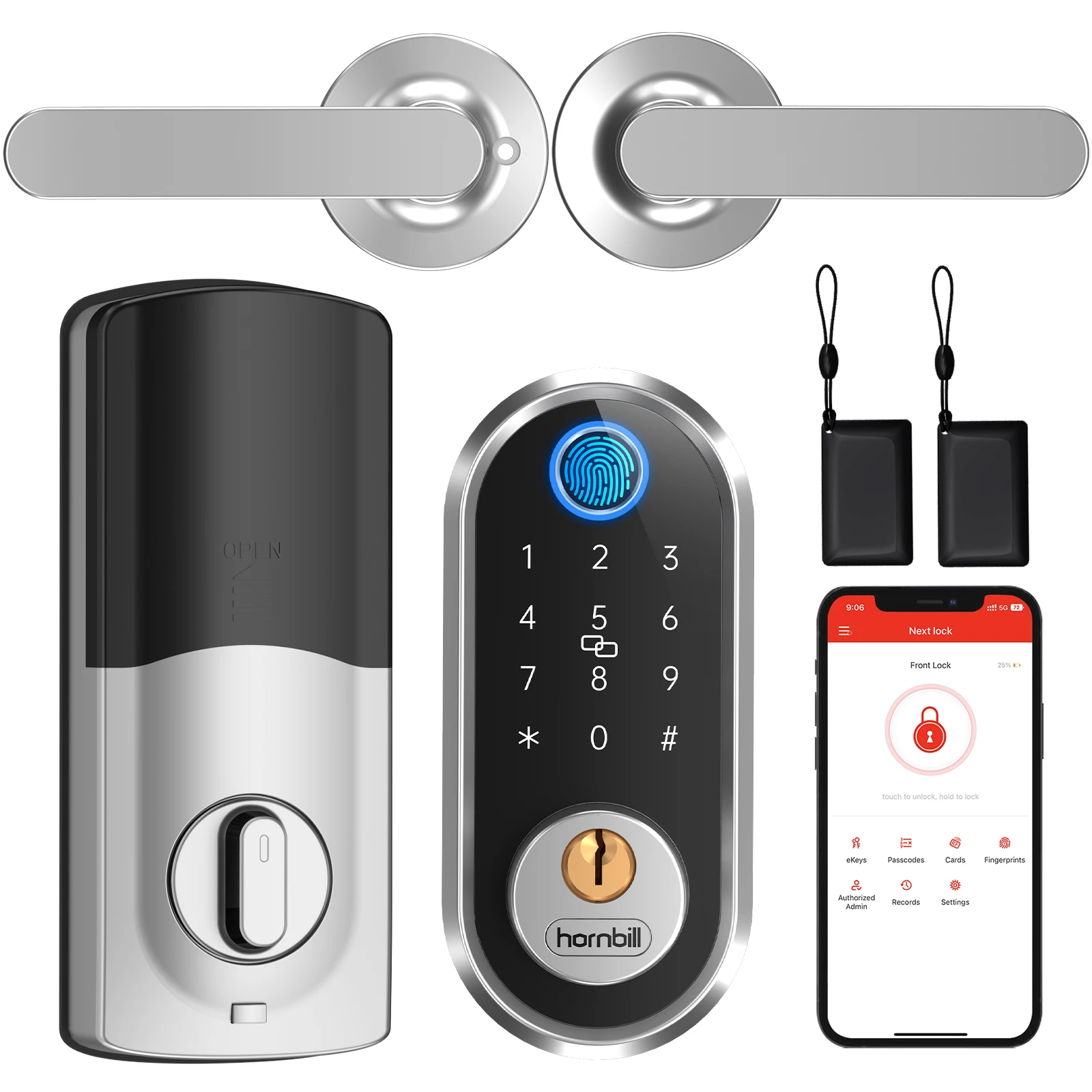 Hornbill Smart Fingerprint Lock with Handles Electronic Keyless Entry Door Locks Digital Deadbolt Set Auto-Lock For Home Office