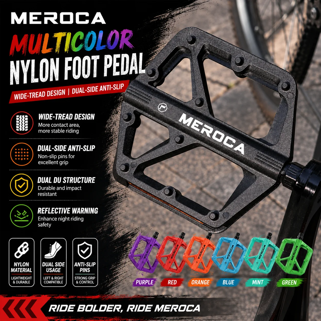 MEROCA Nylon MTB Fahrradpedale mit Doppel-DU-Buchse, Reflektierenden Sicherheitsplatten, Rutschfeste Plattformpedale für Mountainbike und Straßenfahrrad