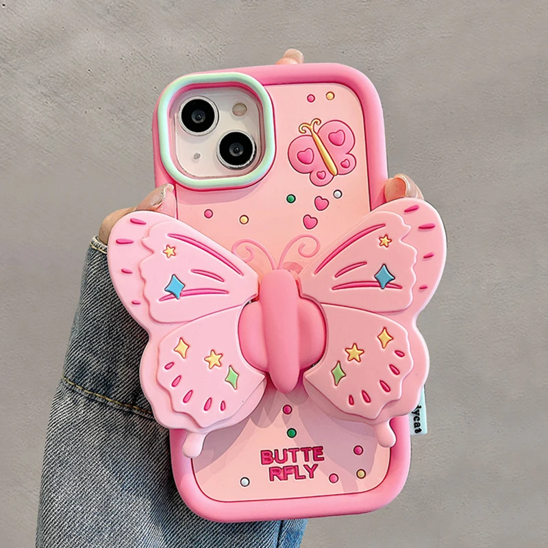 

Lovely 3D Butterfly Folding Stand Bracket Phone Case For iPhone 13 15 16 Pro Max 14 11 12 Soft Silicone Shockproof Back Cover