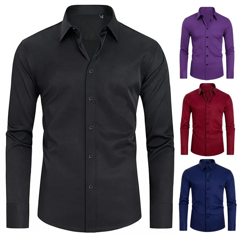

Мужская рубашка с длинным рукавом, устойчивая к сминанию, повседневная, эластичная в четырех направлениях, приталенного кроя, для делового и повседневного стиля, больших размеров, на пуговицах, однотонная