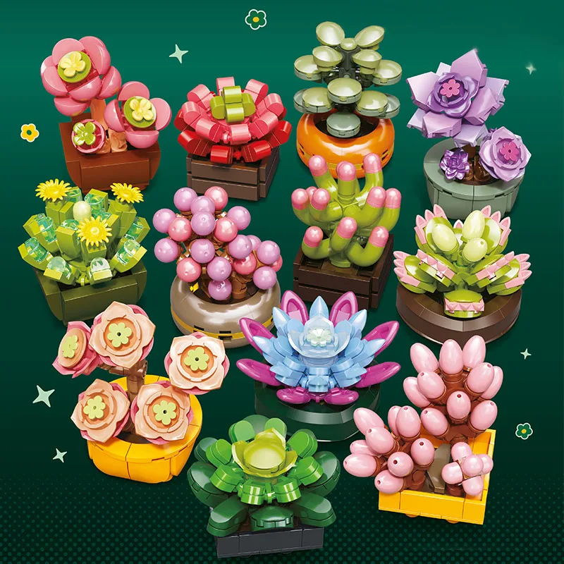 SEMBO BLOCK Cute Succulent Bonsai Gachapon Assembly Building Blocks Potted Plant Models Home Decor Desktop Ornament Holiday Gift