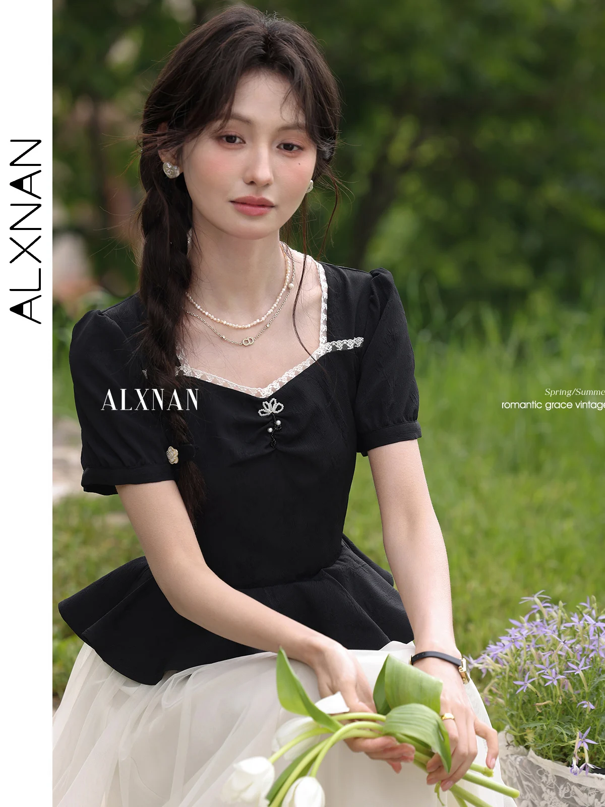 ALXNAN Lange damesjurk Elegant Zwart Wit Patchwork Midi-jurk 2025, Zomervakantie A-lijn Casual Dameskleding Nieuw L55667