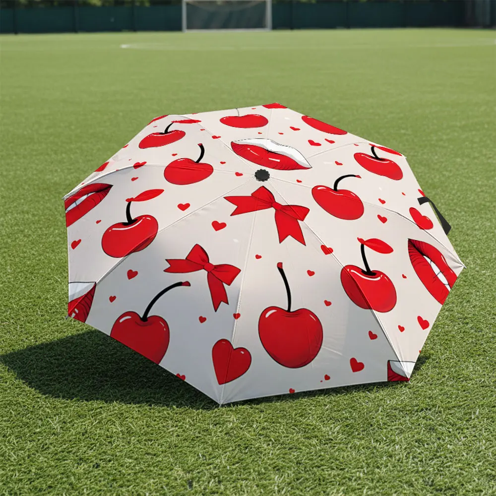 1P C Chic Cherry-Printed Umbrella with Cute Red Accents Print 8 Iron Ribs Folding Umbrella Auto-Open Fashion Sunshade
