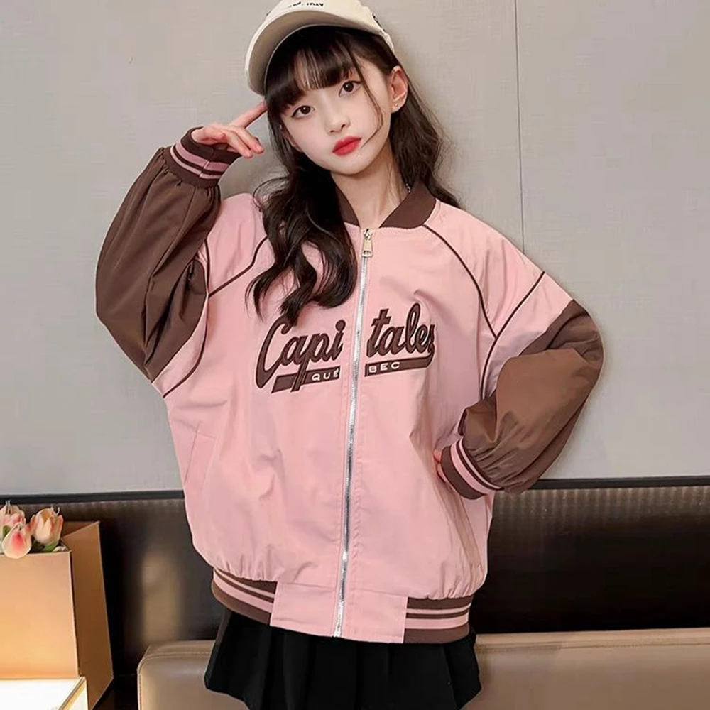 New Spring Autumn Jacket for Girls Black Sport Coat Kids Fashion Baseball Uniform Outerwear Bomber Jacket 4 5 6 8 10 11 12 14Y