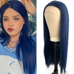 Voguequeen Dark Blue Straight Synthetic Lace Front Wigs Heat Resistant Fiber Cosplay For Women