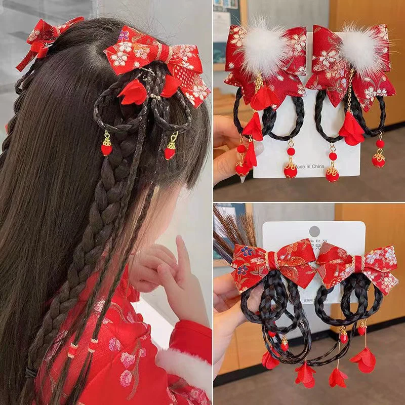 2 PCS Girls Chinese Style Hanfu Headdress Bow Hair Clip Wig Braid Hairpin Side Clip Hair Accessories For Children's Gift – Detail 7